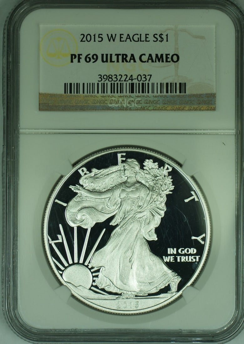 NGC PF 69 Ultra Cameo 2015-W Proof Silver Eagle Dollar: NGC PF 69 Ultra Cameo 2015-W Proof Silver Eagle Dollar This 2015-W American Proof Silver Eagle is a $1 commemorative coin, certified by NGC with a PF 69 Ultra Cameo grade. The coin is in uncirculated,