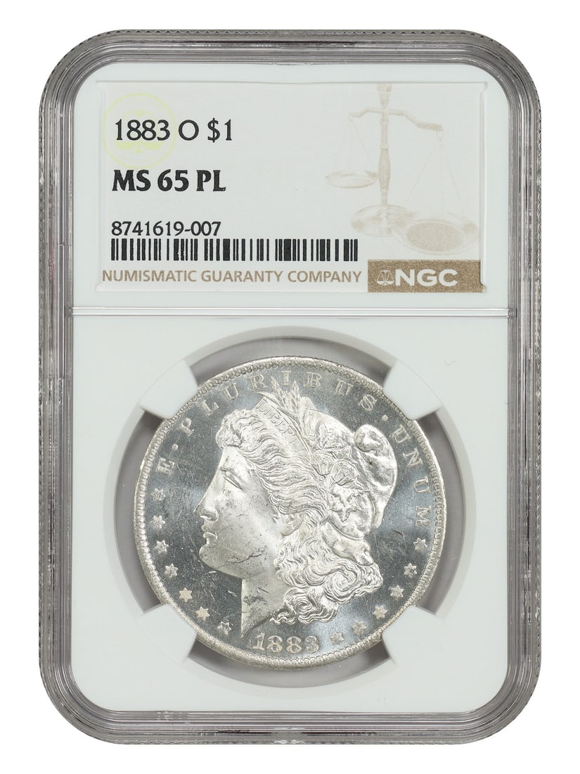 NGC MS65PL 1883 New Orleans Morgan Silver Dollar Uncirculated: NGC MS65PL 1883 New Orleans Morgan Silver Dollar Uncirculated This is an 1883-O Morgan Dollar graded MS65PL by NGC. The coin is uncirculated and features a prooflike strike. Minted in New Orleans, thi