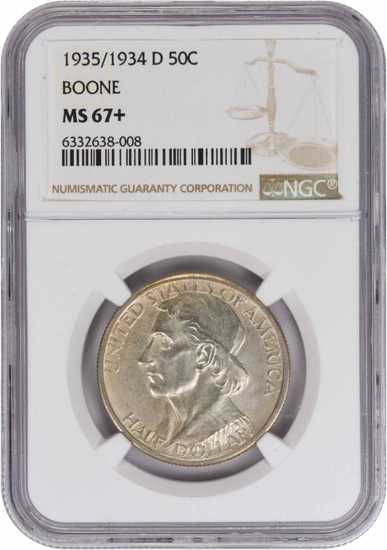 1935 Denver Boone Silver Half Dollar NGC MS67 Plus Commemorative Coin: 1935 Denver Boone Silver Half Dollar NGC MS67 Plus Commemorative Coin This Boone Commemorative Silver Half Dollar is an uncirculated coin minted in Denver in 1935. Graded MS67+ by NGC, it commemorates
