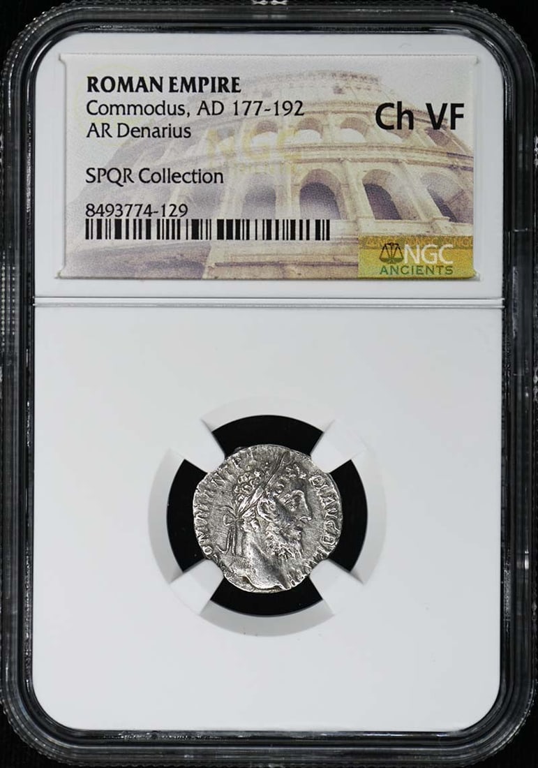 Roman Empire Denarius Silver Coin Commodus NGC Certified Ch VF: Roman Empire Denarius Silver Coin Commodus NGC Certified Ch VF This Roman Empire AR Denarius coin features Commodus, who reigned from AD 177 to 192. It has been certified by NGC and graded as Choice V