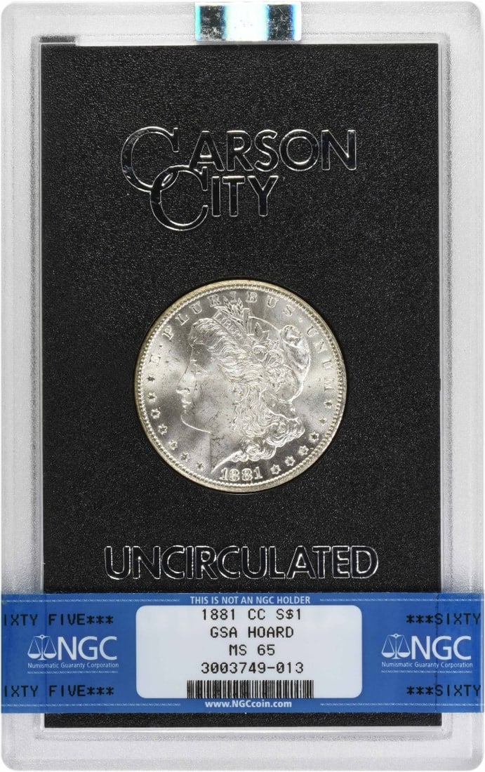 NGC MS65 Carson City 1881 Morgan Dollar in GSA Holder: NGC MS65 Carson City 1881 Morgan Dollar in GSA Holder This 1881 Carson City Morgan Silver Dollar is graded MS65 by NGC and comes in a GSA holder. Struck from 90% silver and 10% copper, this uncirculat