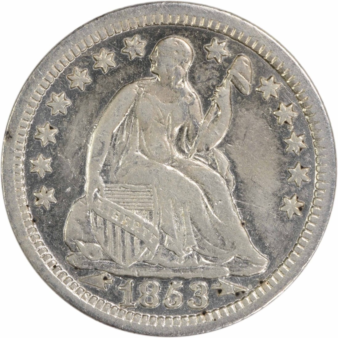 1853 Liberty Seated Half Dime Silver Uncertified EF Coin: 1853 Liberty Seated Half Dime Silver Uncertified EF Coin This 1853 Liberty Seated Silver Half Dime features a beautiful design by Christian Gobrecht, showcasing the iconic seated figure. Minted in Phi