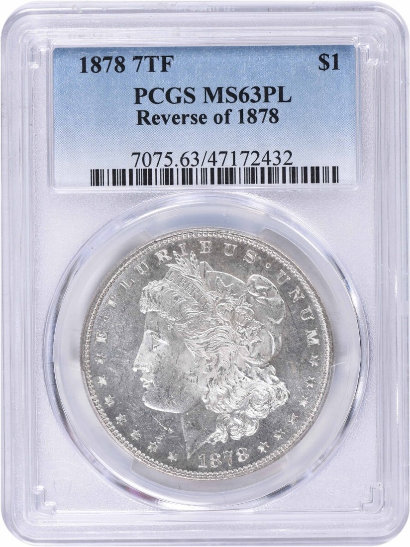1878 Morgan Silver Dollar PCGS MS63PL 90% Silver Coin: 1878 Morgan Silver Dollar PCGS MS63PL 90% Silver Coin This stunning 1878 Morgan Silver Dollar showcases the reverse of 1878 design, graded MS63PL by PCGS, signifying its exceptional quality. The coin 