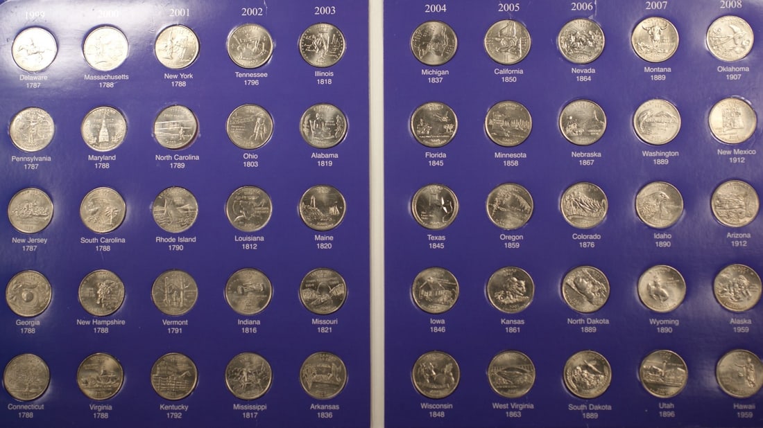 Complete 50 State Washington Quarter Set 1999-2008 Uncirculated Collection: Complete 50 State Washington Quarter Set 1999-2008 Uncirculated Collection This is a complete finished collection of Washington Statehood Quarters, featuring all 50 coins released from 1999 to 2008. E