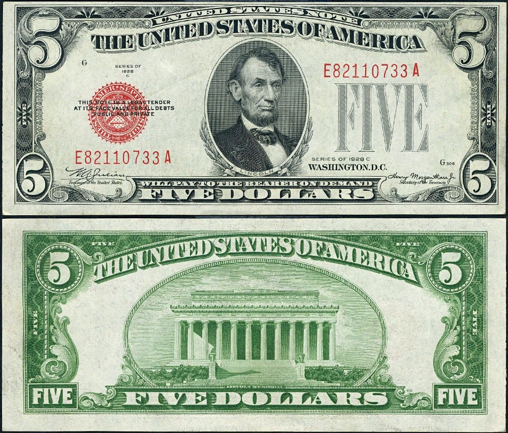 $5 1928-C Legal Tender Mule E-A Block Uncirculated Note: $5 1928-C Legal Tender Mule E-A Block Uncirculated Note This $5 1928-C Legal Tender Mule note features a denomination of $5 and is classified as uncirculated (Grade: CU). The note exhibits excellent p