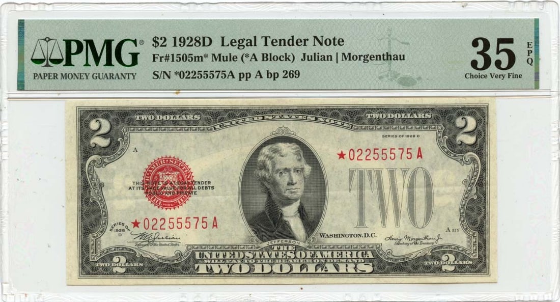 PMG VF35 EPQ 1928D Mule $2 United States Legal Tender Note FR1505m: PMG VF35 EPQ 1928D Mule $2 United States Legal Tender Note FR1505m This 1928D $2 Legal Tender Note, identified as FR#1505m Mule, has been certified by PMG with a grade of VF35 EPQ. The note is circula