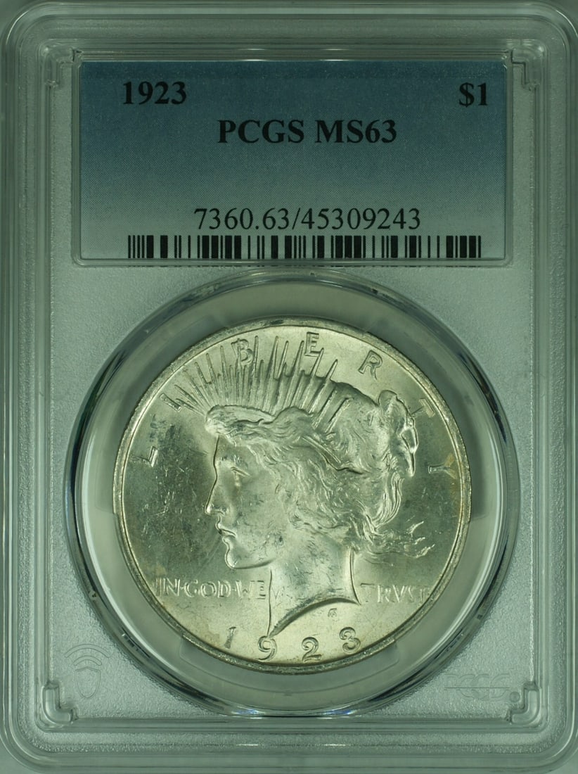 1923 PCGS MS 63 Peace Dollar Silver Coin from Philadelphia: 1923 PCGS MS 63 Peace Dollar Silver Coin from Philadelphia This is a 1923 Peace Silver Dollar graded MS-63 by PCGS. The coin was minted in Philadelphia and is composed of silver. It is uncirculated an