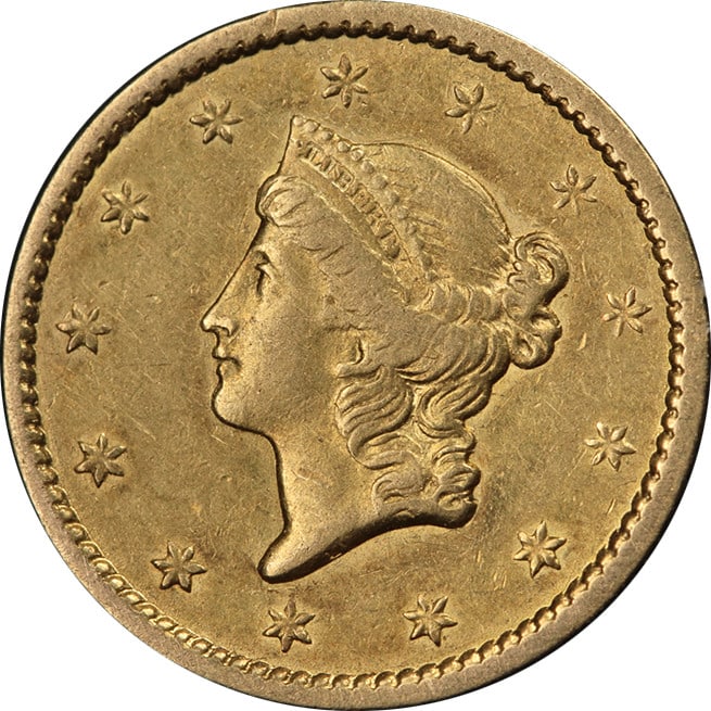 1849 Philadelphia Liberty Gold Dollar Type 1 Closed Wreath VF XF: 1849 Philadelphia Liberty Gold Dollar Type 1 Closed Wreath VF XF This original 1849-P Type 1 Liberty Gold $1 coin features the Closed Wreath design. The coin displays attractive eye appeal, a nice str