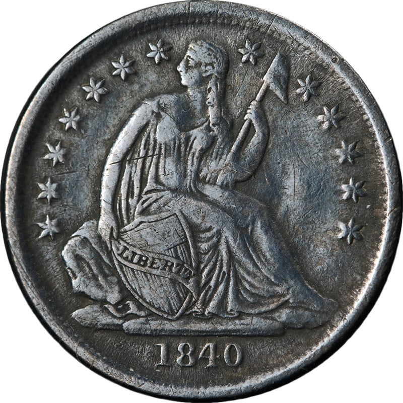 1840-O Silver Seated Liberty Dime Large O No Drapery XF Details: 1840-O Silver Seated Liberty Dime Large O No Drapery XF Details The 1840-O Seated Liberty Dime features the 'No Drapery' variety with a large 'O' mint mark. This circulated silver coin offers nice eye