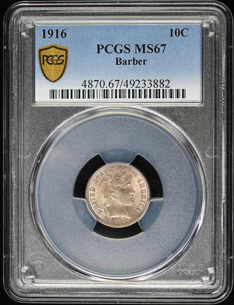 1916 Barber Dime PCGS MS67 Uncirculated Philadelphia Mint: 1916 Barber Dime PCGS MS67 Uncirculated Philadelphia Mint This 1916 Barber Dime is certified by PCGS with a remarkable grade of MS67, indicating it is in uncirculated condition. Minted in Philadelphia