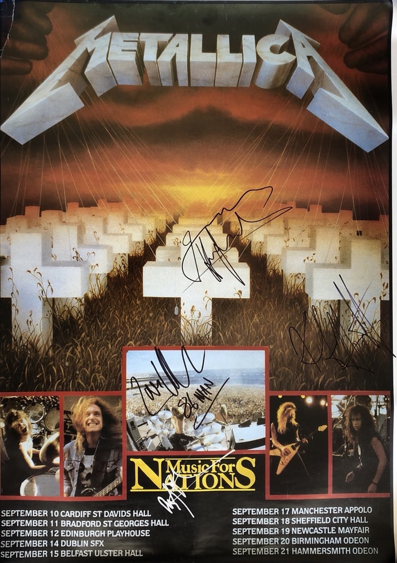 Metallica Signed Master of Puppets Poster Beckett COA Ultra Rare: Metallica Signed Master of Puppets Poster Beckett COA Ultra Rare This exceptionally rare Metallica "Master of Puppets" UK tour poster is beautifully signed by the band's classic lineup: Cliff Burton, 