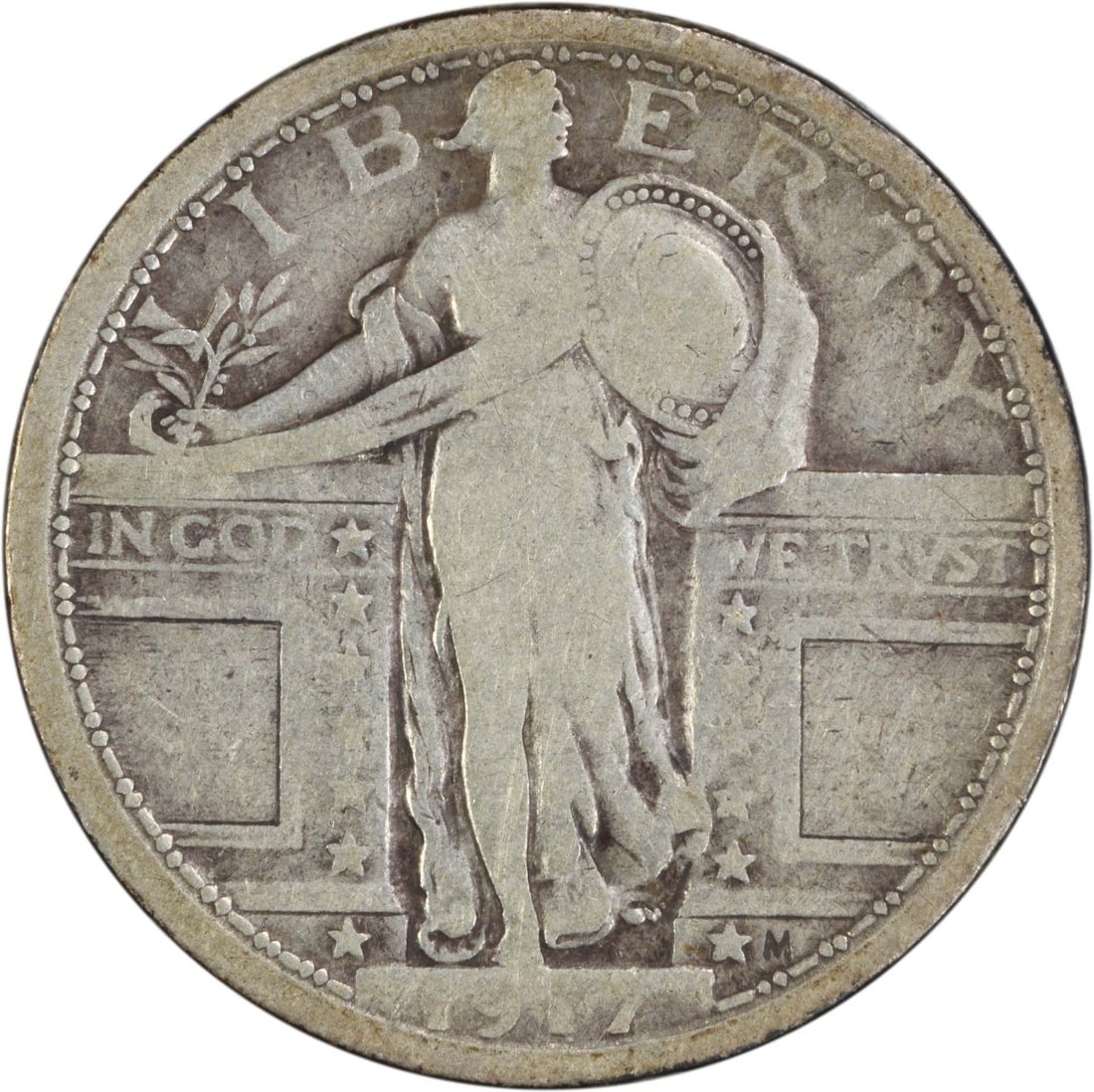 1917 Standing Liberty Quarter Type 1 90% Silver Uncertified: 1917 Standing Liberty Quarter Type 1 90% Silver Uncertified This 1917 Standing Liberty Silver Quarter is a remarkable piece of American coinage. It features a beautiful design by Hermon A. Mac Neil an