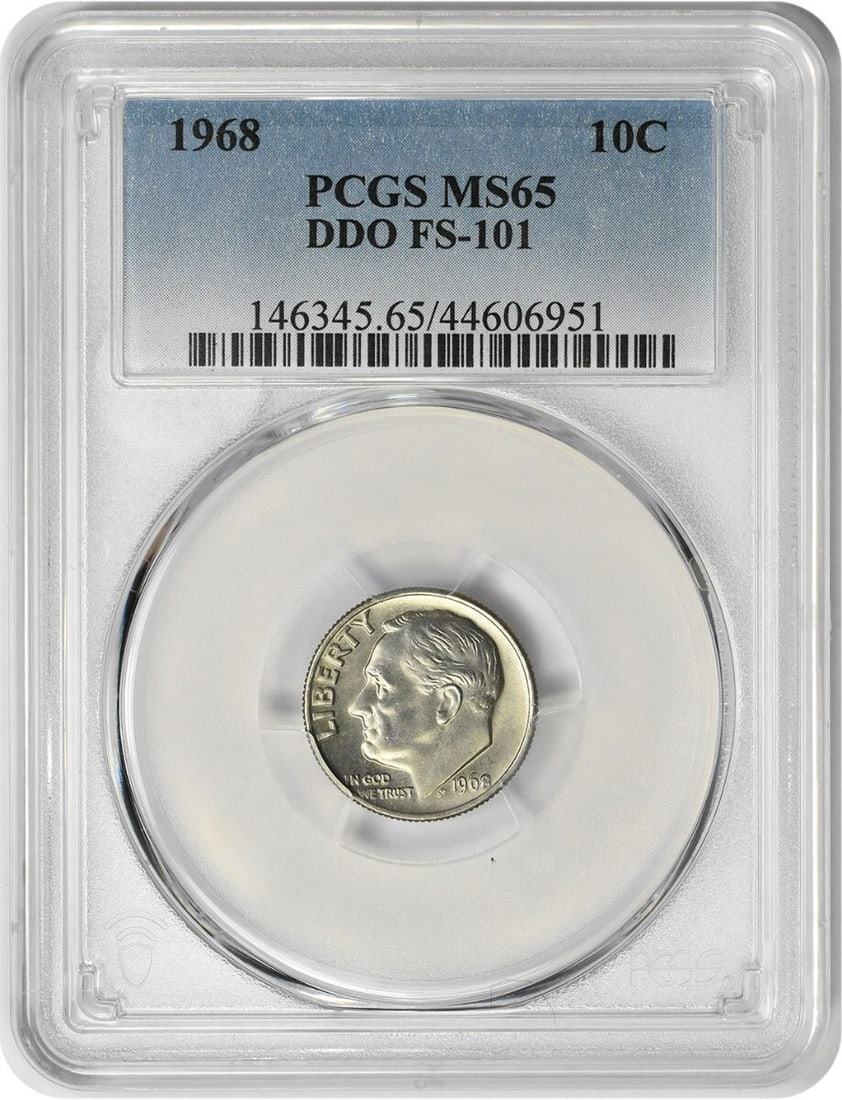 1968 Roosevelt Dime DDO FS-101 MS65 PCGS Certified Uncirculated Coin: 1968 Roosevelt Dime DDO FS-101 MS65 PCGS Certified Uncirculated Coin This 1968 Roosevelt Dime is a remarkable example of numismatic artistry, graded MS65 by PCGS. Struck in Philadelphia, this uncircul