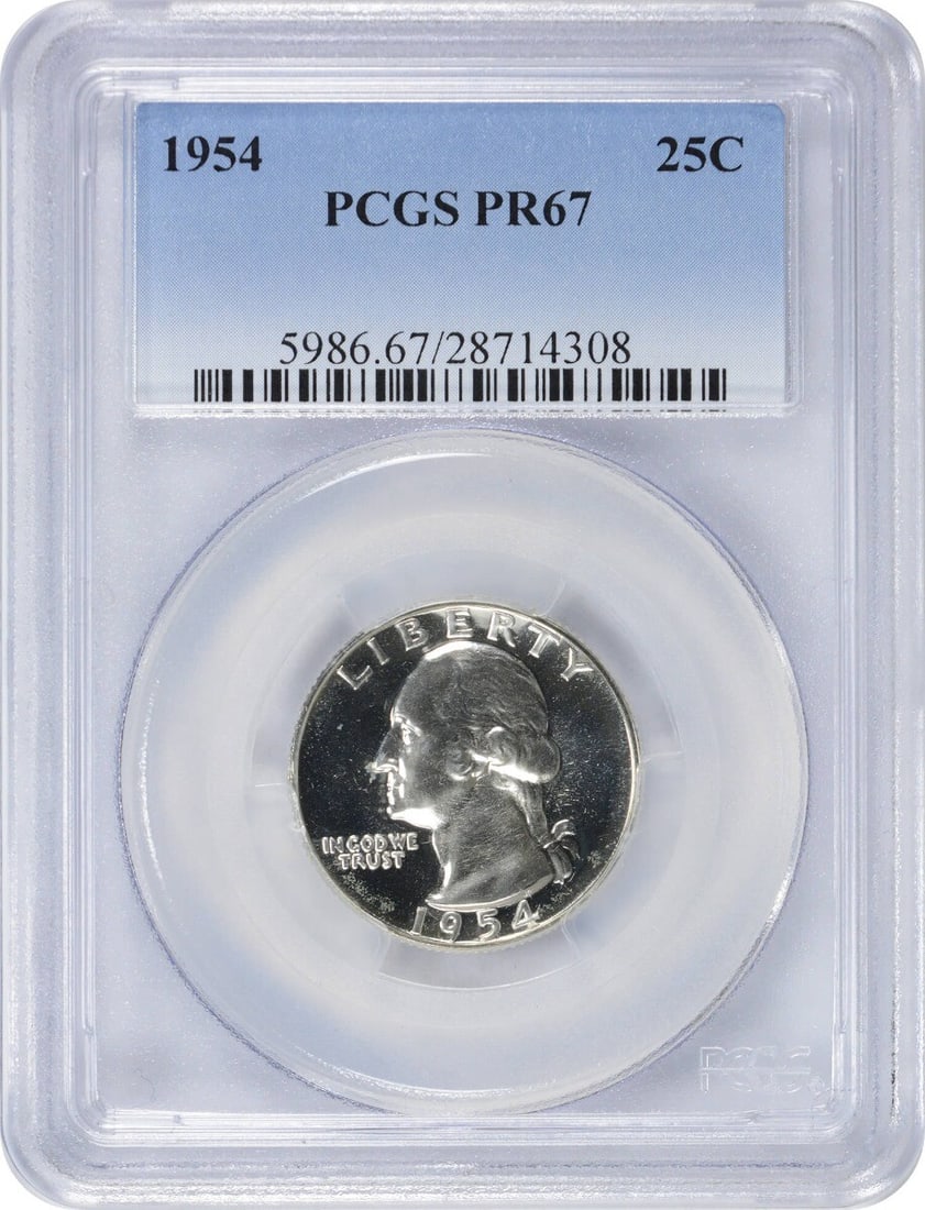 1954 Washington Quarter PR67 PCGS Proof 90% Silver Uncirculated: 1954 Washington Quarter PR67 PCGS Proof 90% Silver Uncirculated This 1954 Washington Quarter is graded PR67 by PCGS, ensuring its high quality and uncirculated condition. Struck in Philadelphia, this 