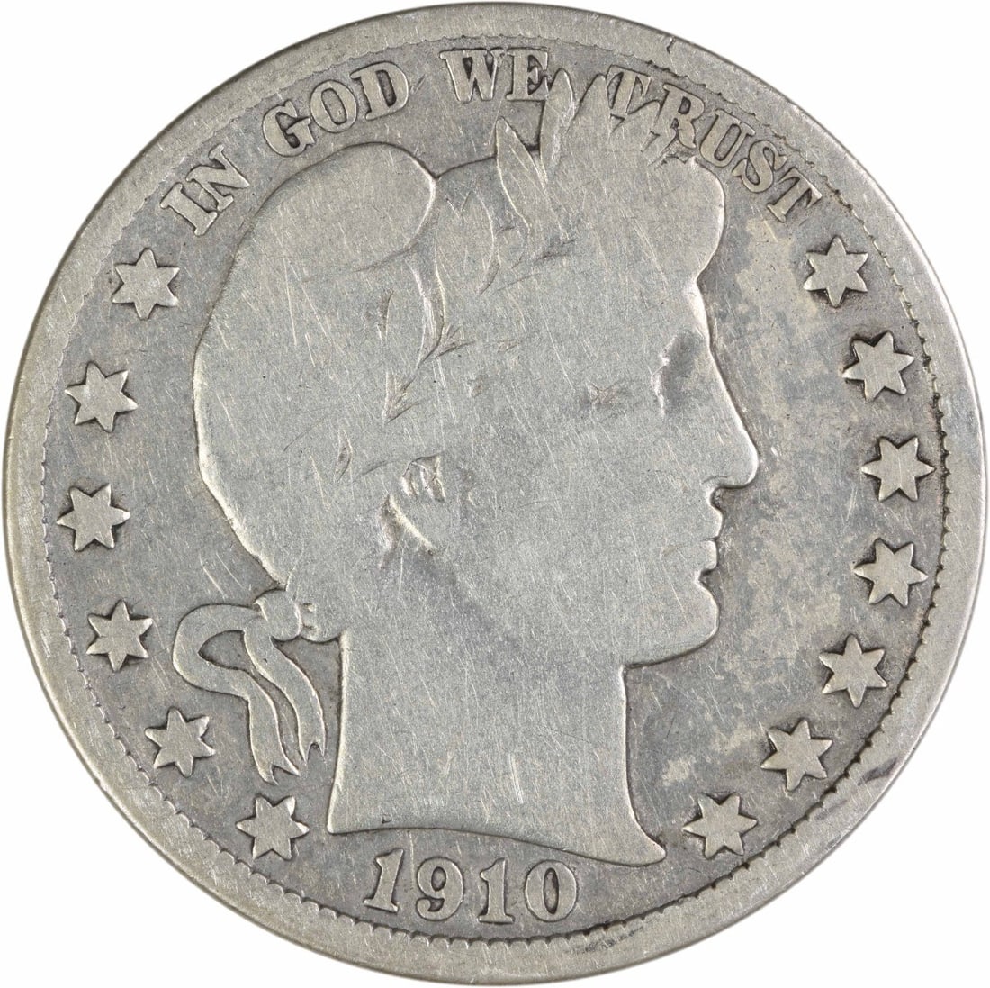 1910 Philadelphia Barber Half Dollar 90 Percent Silver VG Grade Uncertified: 1910 Philadelphia Barber Half Dollar 90 Percent Silver VG Grade Uncertified This 1910 Barber Half Dollar is a circulated coin from the Philadelphia Mint, designed by Charles E. Barber. Composed of 90%