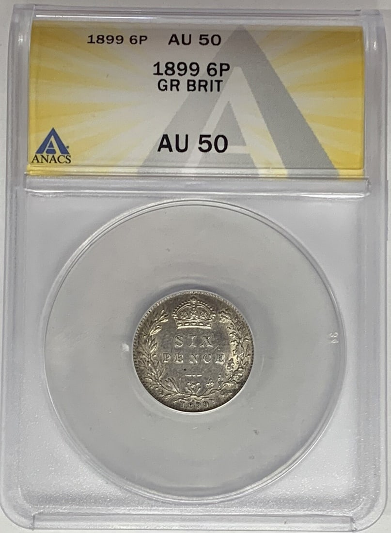 1899 United Kingdom Six Pence Silver Coin ANACS AU 50 Certified: 1899 United Kingdom Six Pence Silver Coin ANACS AU 50 Certified This 1899 Great Britain 6 Pence coin is composed of silver and has been certified by ANACS with a grade of AU 50. The coin originates fr