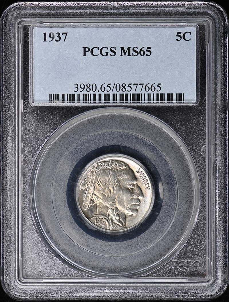 PCGS MS65 1937 Buffalo Nickel Five Cent Philadelphia Issue: PCGS MS65 1937 Buffalo Nickel Five Cent Philadelphia Issue This is a 1937 Buffalo Nickel graded MS65 by PCGS. It is an uncirculated coin minted in Philadelphia and is pre-owned. Specifications Certifi