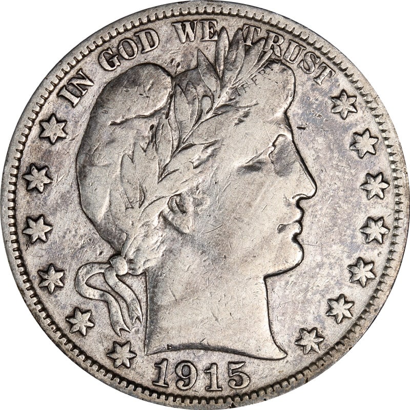 1915 Denver Mint Silver Barber Half Dollar Coin United States: 1915 Denver Mint Silver Barber Half Dollar Coin United States This is a 1915-D Barber Half Dollar from the United States. The coin is composed of silver with a fineness of 0.9 and was minted in Denver