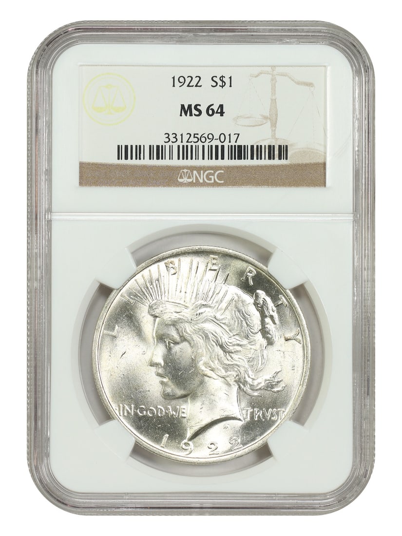 1922 Peace Dollar NGC MS64 Graded Silver Coin: 1922 Peace Dollar NGC MS64 Graded Silver Coin This 1922 Peace Dollar is graded MS64 by NGC and is uncirculated. Minted in Philadelphia, it features the classic Peace Dollar design and is a part of the