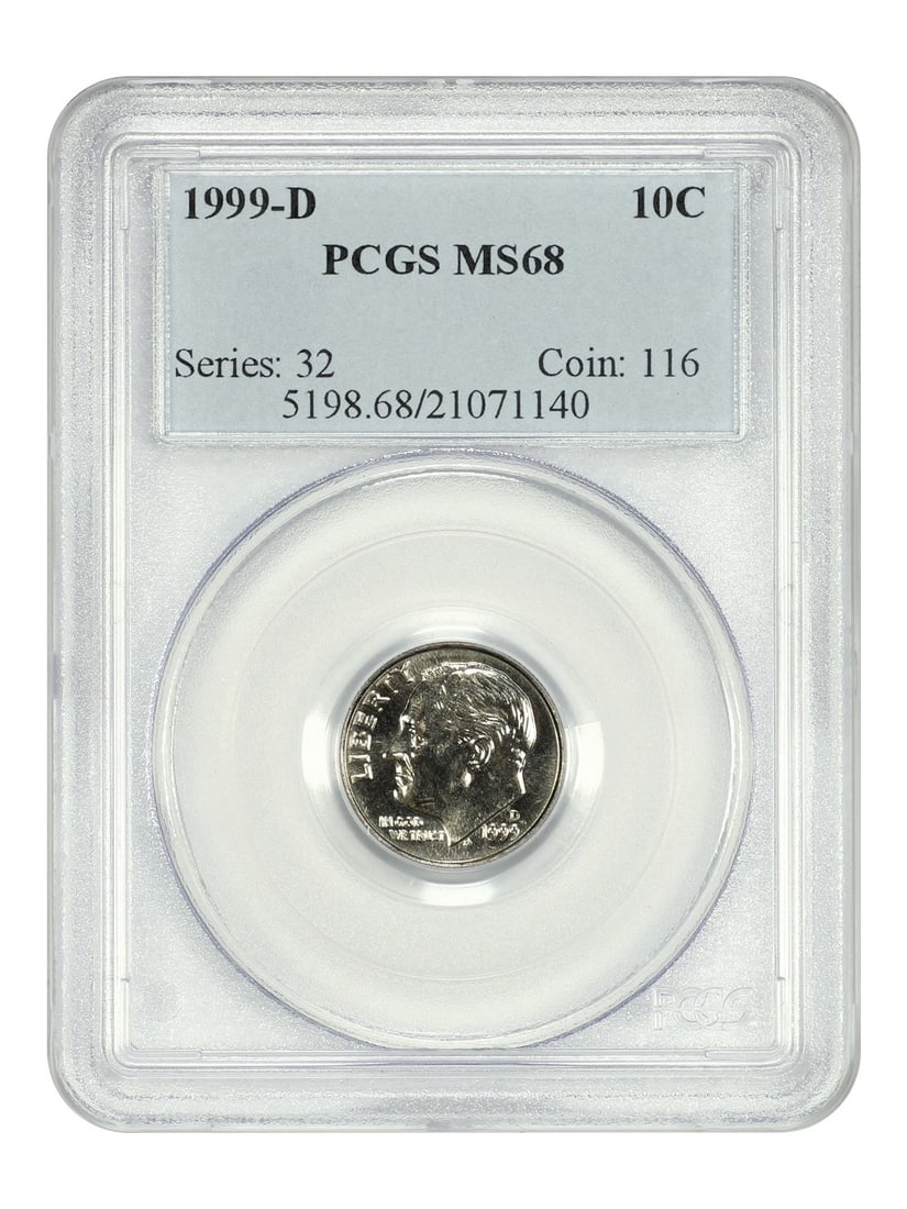 PCGS Graded 1999 Denver Roosevelt Dime MS68 Certified 10 Cent Coin: PCGS Graded 1999 Denver Roosevelt Dime MS68 Certified 10 Cent Coin This is a 1999-D Roosevelt Dime graded MS68 by PCGS. The coin is uncirculated and comes from the Denver Mint. It belongs to the Roose