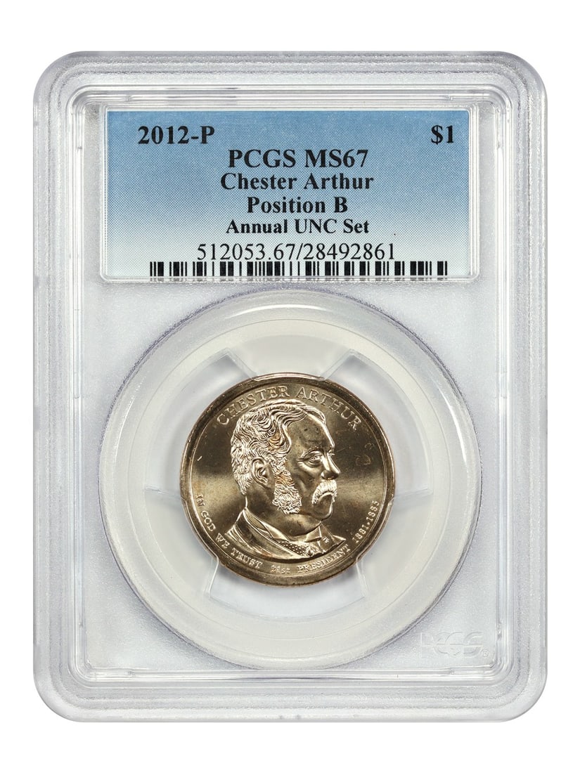 2012 Philadelphia Dollar Chester Arthur PCGS MS67 Position B Annual Uncirculated: 2012 Philadelphia Dollar Chester Arthur PCGS MS67 Position B Annual Uncirculated This is a 2012-P $1 Chester Arthur Presidential Dollar from the Annual Uncirculated Set, graded MS67 by PCGS. The coin 
