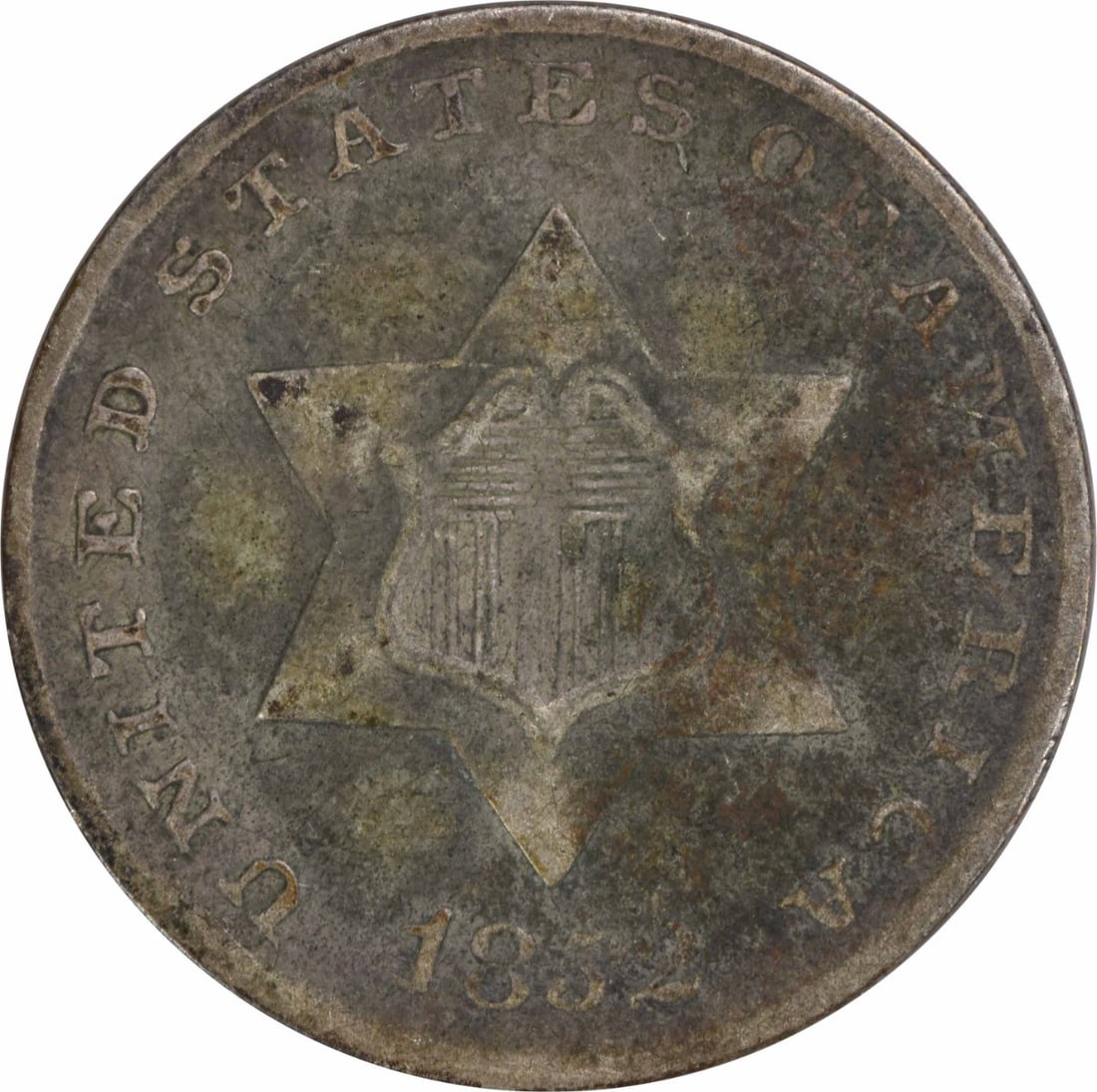 1852 Three Cent Silver Coin F Uncertified Philadelphia Mint: 1852 Three Cent Silver Coin F Uncertified Philadelphia Mint This 1852 Three Cent Silver coin is a notable piece featuring a design by James Barton Longacre. It was minted in Philadelphia and is compos