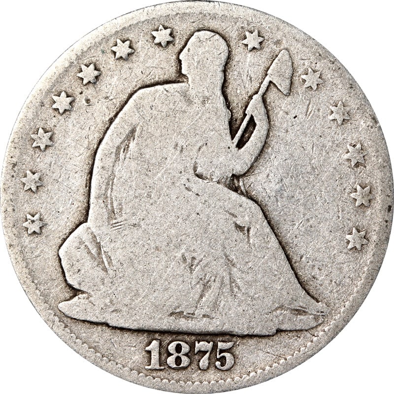 1875 Carson City Mint Silver Seated Liberty Half Dollar Coin: 1875 Carson City Mint Silver Seated Liberty Half Dollar Coin This is an 1875-CC Seated Half Dollar from the United States. The coin is composed of silver with a fineness of 0.9 and was minted in Carso