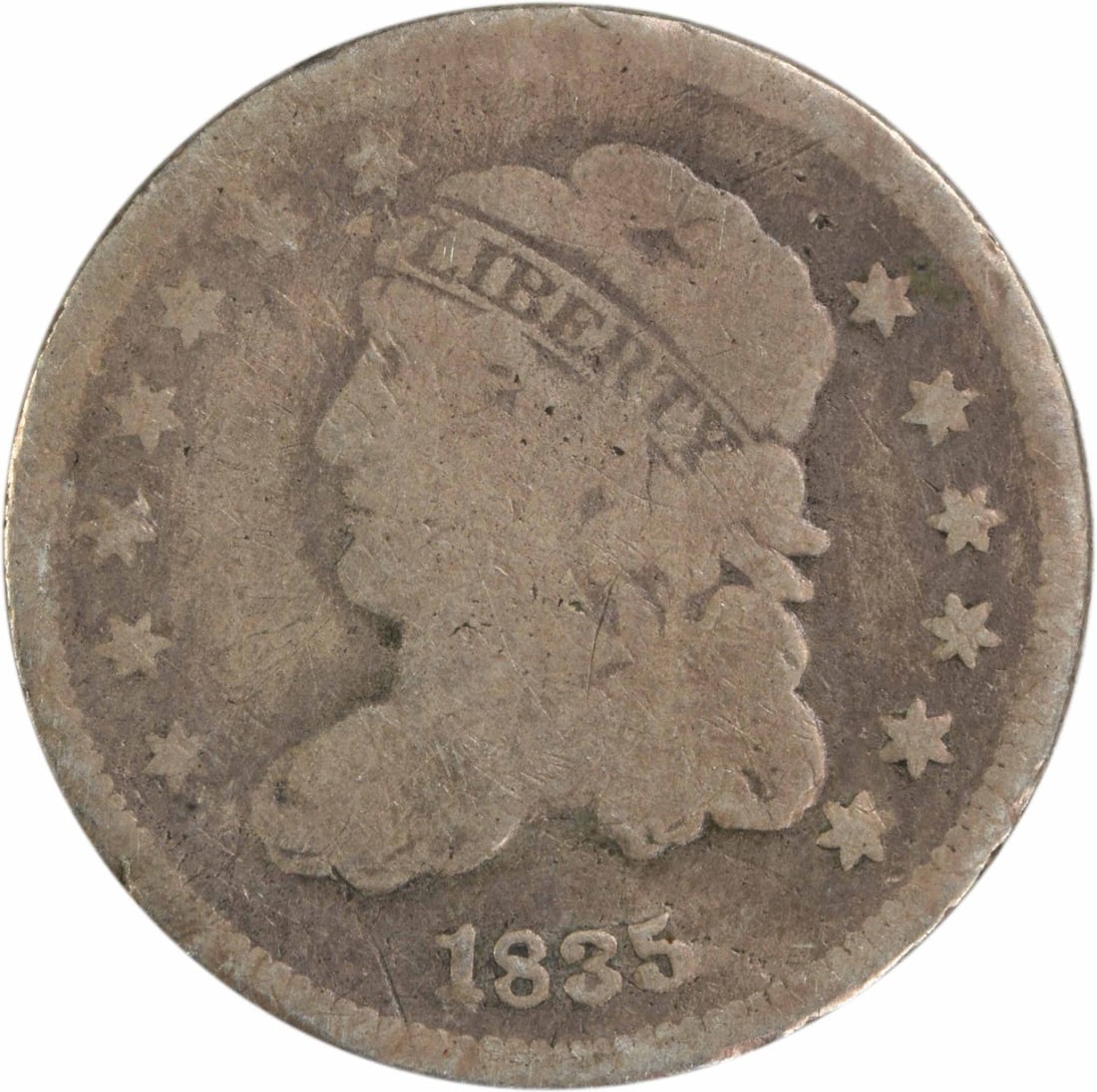 1835 Capped Bust Half Dime Silver Uncertified 15.90mm: 1835 Capped Bust Half Dime Silver Uncertified 15.90mm This 1835 Bust Silver Half Dime, with a Capped Bust design, is a remarkable piece of American numismatic history. Struck at the Philadelphia Mint,