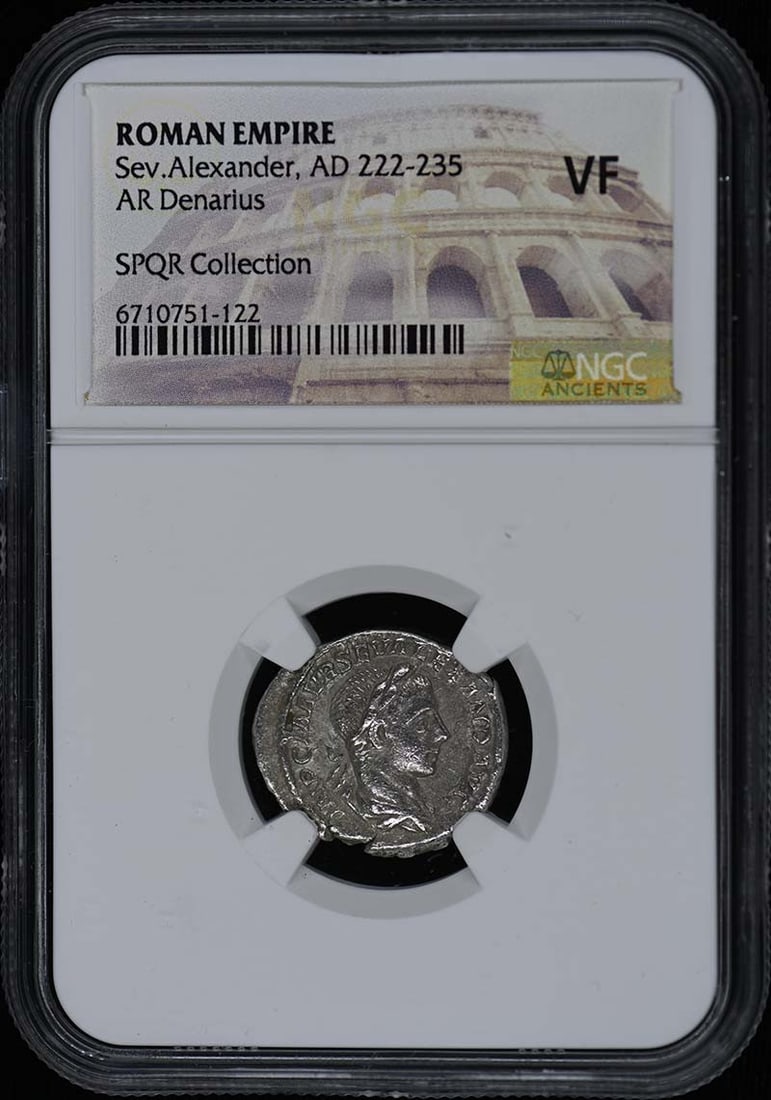NGC VF20 Ancient Roman AR Denarius Coin of Severus Alexander AD 222-235: NGC VF20 Ancient Roman AR Denarius Coin of Severus Alexander AD 222-235 This is a Roman Empire AR Denarius from the reign of Severus Alexander, dated AD 222-235. The coin is certified by NGC with a gr