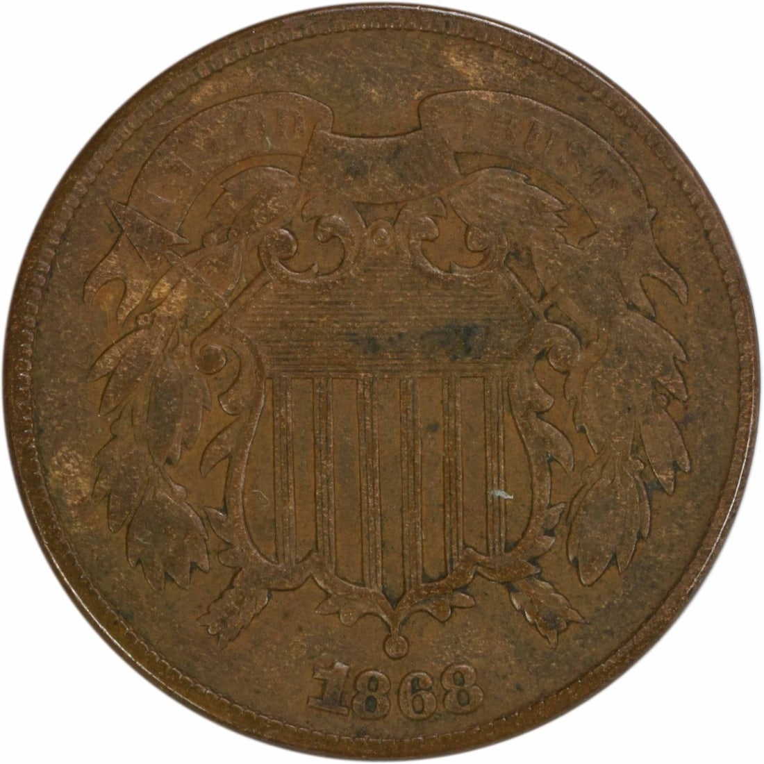 1868 VF Two Cent Piece Bronze Coin Uncertified Philadelphia: 1868 VF Two Cent Piece Bronze Coin Uncertified Philadelphia This 1868 Two Cent Piece is a captivating addition to any coin collection. It features a beautiful design by James Barton Longacre and is co