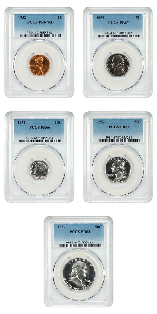 1952 PCGS Certified Proof Coin Set 1C to 50C Five Uncirculated Coins: 1952 PCGS Certified Proof Coin Set 1C to 50C Five Uncirculated Coins This 1952 Proof Set includes five coins ranging from 1 cent to 50 cents, all certified by PCGS with grades between PR64 and PR67. T