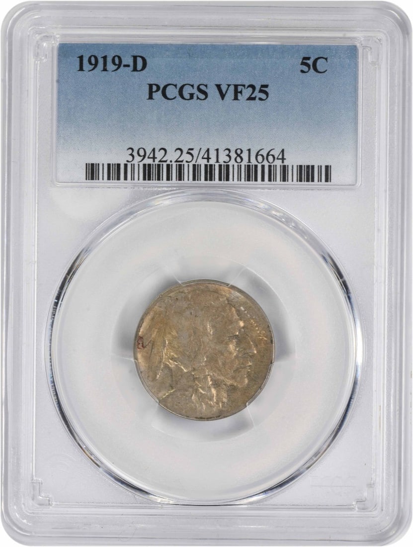 1919-D Liberty Nickel 5C VF25 Certified PCGS: 1919-D Liberty Nickel 5C VF25 Certified PCGS This 1919-D Liberty Nickel is a remarkable piece of American numismatic history. Graded as VF25 by PCGS, this circulated coin showcases the iconic Liberty 
