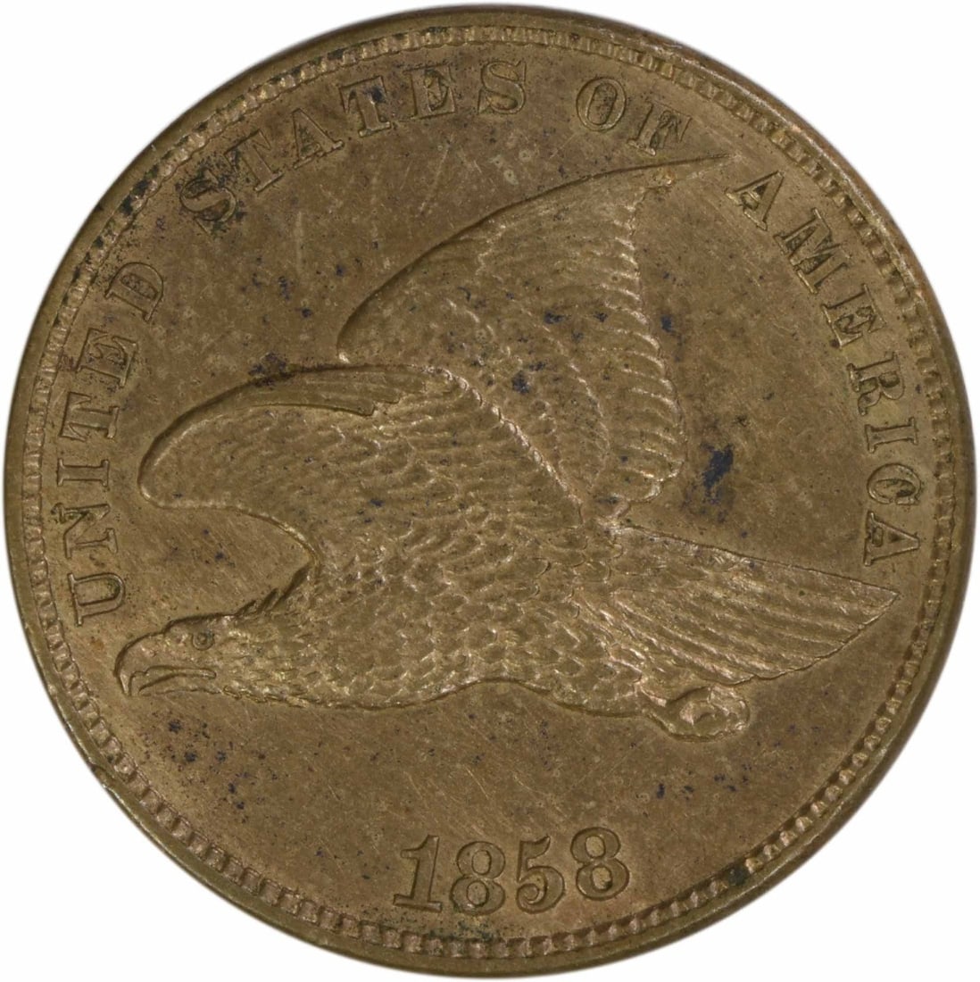 1858 Small Letters Flying Eagle Cent AU Grade Uncertified US Coin: 1858 Small Letters Flying Eagle Cent AU Grade Uncertified US Coin This 1858 Flying Eagle Cent features the sought-after small letters variety and is graded as an AU (About Uncirculated) slider. Struck