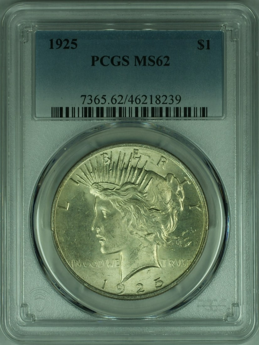 1925 Peace Dollar PCGS MS62 Certified Silver Coin: 1925 Peace Dollar PCGS MS62 Certified Silver Coin This is a 1925 Peace Silver Dollar from the United States, graded MS-62 by PCGS. The coin is uncirculated and composed of 0.9 fineness silver. It was 
