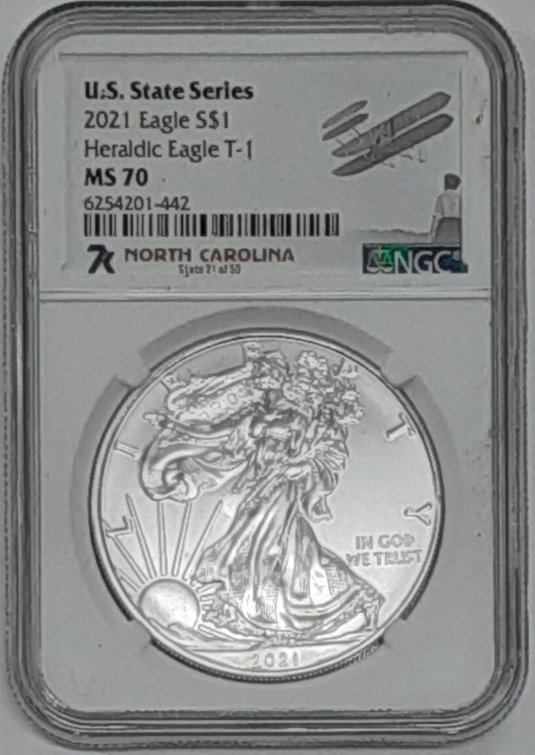 2021 American Silver Eagle MS-70 NGC 1 Oz North Carolina 7K Label US State Series: 2021 American Silver Eagle MS-70 NGC 1 Oz North Carolina 7K Label US State Series This is a 2021 American Silver Eagle 1 oz silver coin, featuring the Type I reverse and issued as part of the U.S. Sta