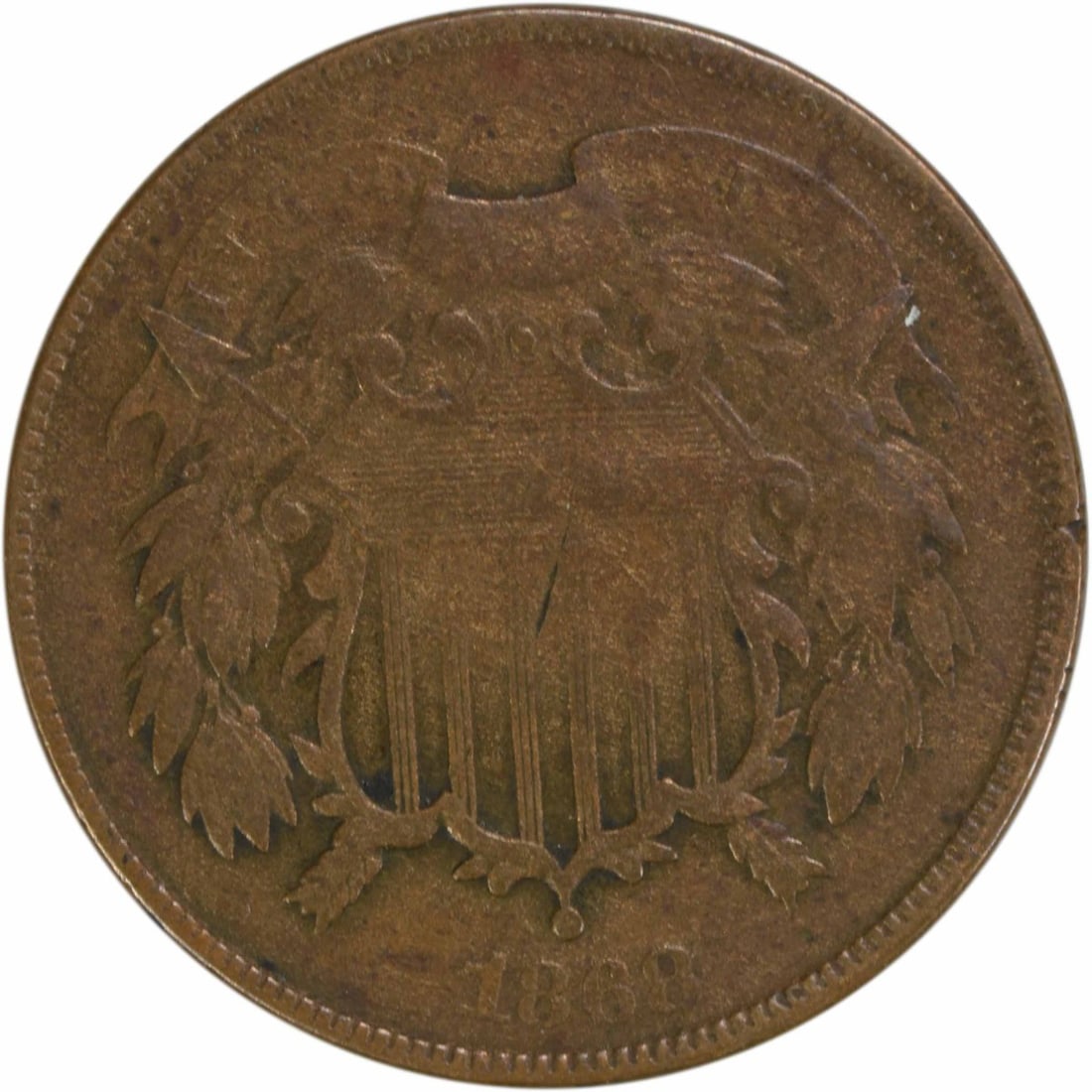 1868 Two Cent Piece VF Bronze Coin Philadelphia Mint: 1868 Two Cent Piece VF Bronze Coin Philadelphia Mint This 1868 Two Cent Piece is a circulated coin, featuring a grade of Very Fine (VF). It was minted in Philadelphia and is composed of bronze. Design
