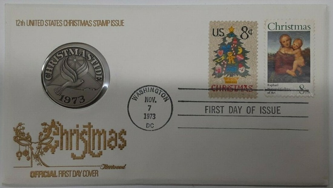 1973 Sterling Silver Christmas Medal with Stamps on First Day Cover: 1973 Sterling Silver Christmas Medal with Stamps on First Day Cover This 1973 Christmas commemorative set includes a sterling silver medal and a First Day Cover featuring 8 cent stamps, each depicting