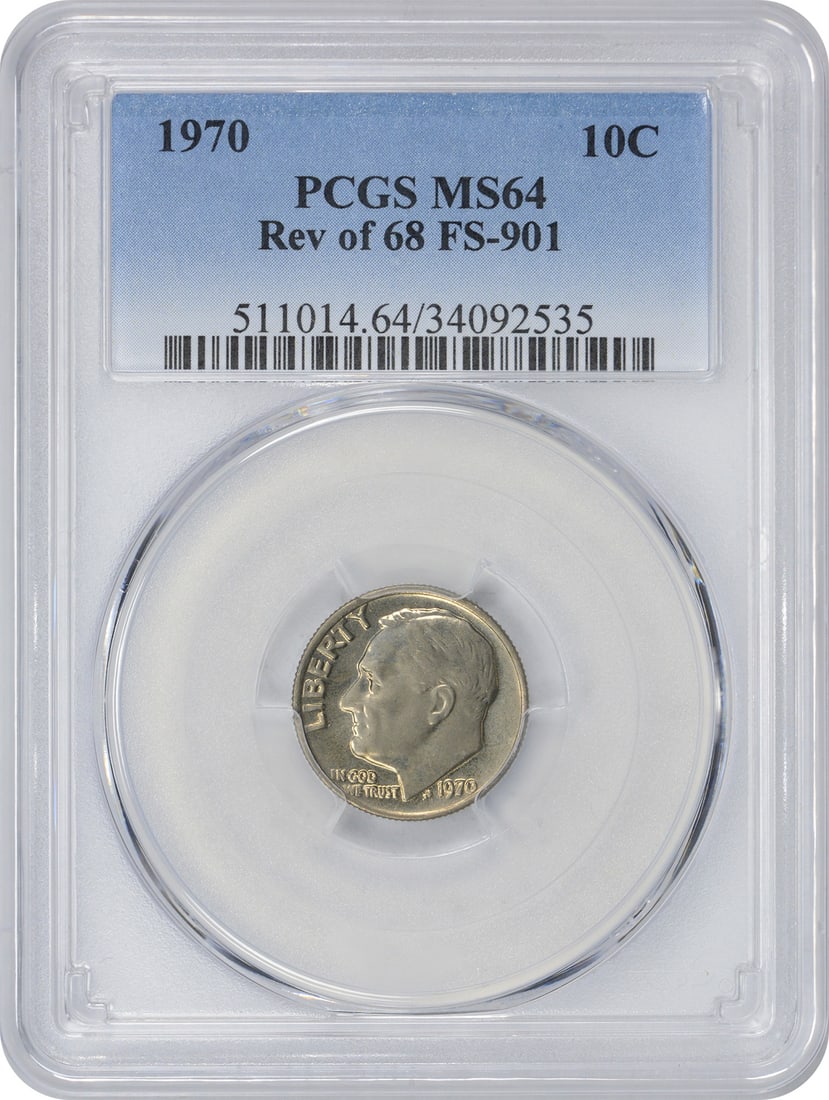 1970 Roosevelt Dime Reverse of 1968 MS64 Certified PCGS: 1970 Roosevelt Dime Reverse of 1968 MS64 Certified PCGS This 1970 Roosevelt Dime features the Reverse of 1968 design and is certified by PCGS with a grade of MS64. The coin is uncirculated, showcasing
