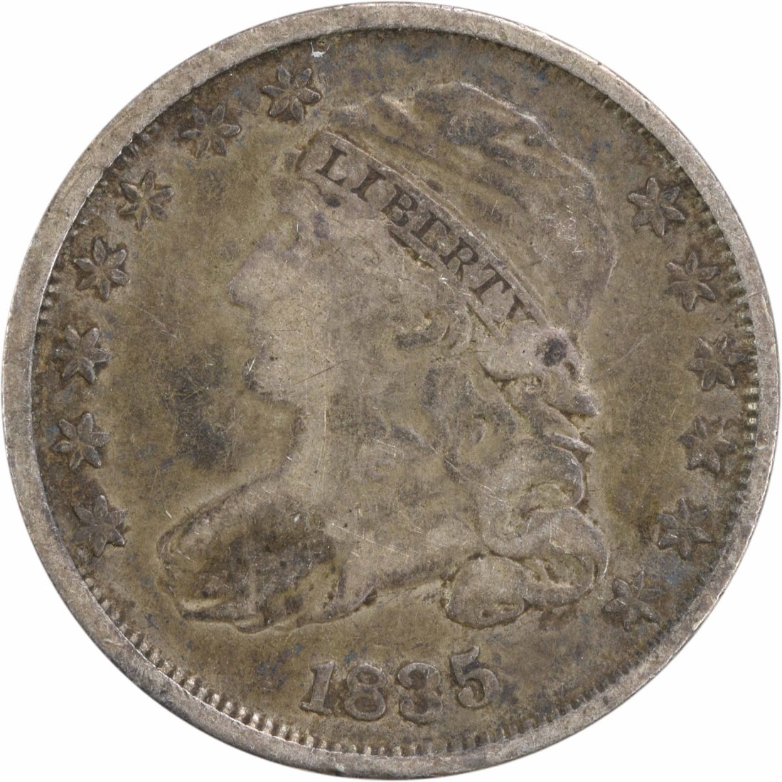 1835 Capped Bust Silver Dime 10C Uncertified Philadelphia Mint: 1835 Capped Bust Silver Dime 10C Uncertified Philadelphia Mint This 1835 Capped Bust Silver Dime features a design by John Reich and is an excellent addition to any coin collection. The coin is circul
