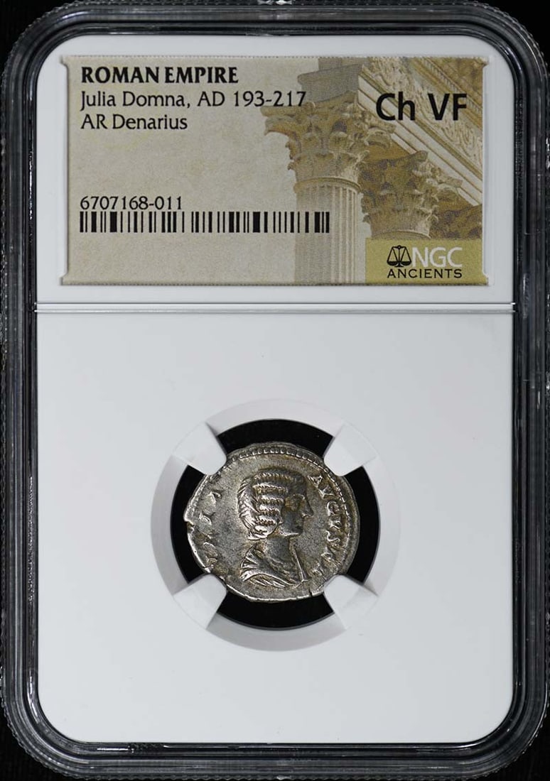 Roman Denarius Silver Coin Julia Domna NGC VF30 Certified: Roman Denarius Silver Coin Julia Domna NGC VF30 Certified This is a Roman Empire AR Denarius coin dating from the reign of Julia Domna, AD 193-217. The coin has been certified by NGC with a grade of V