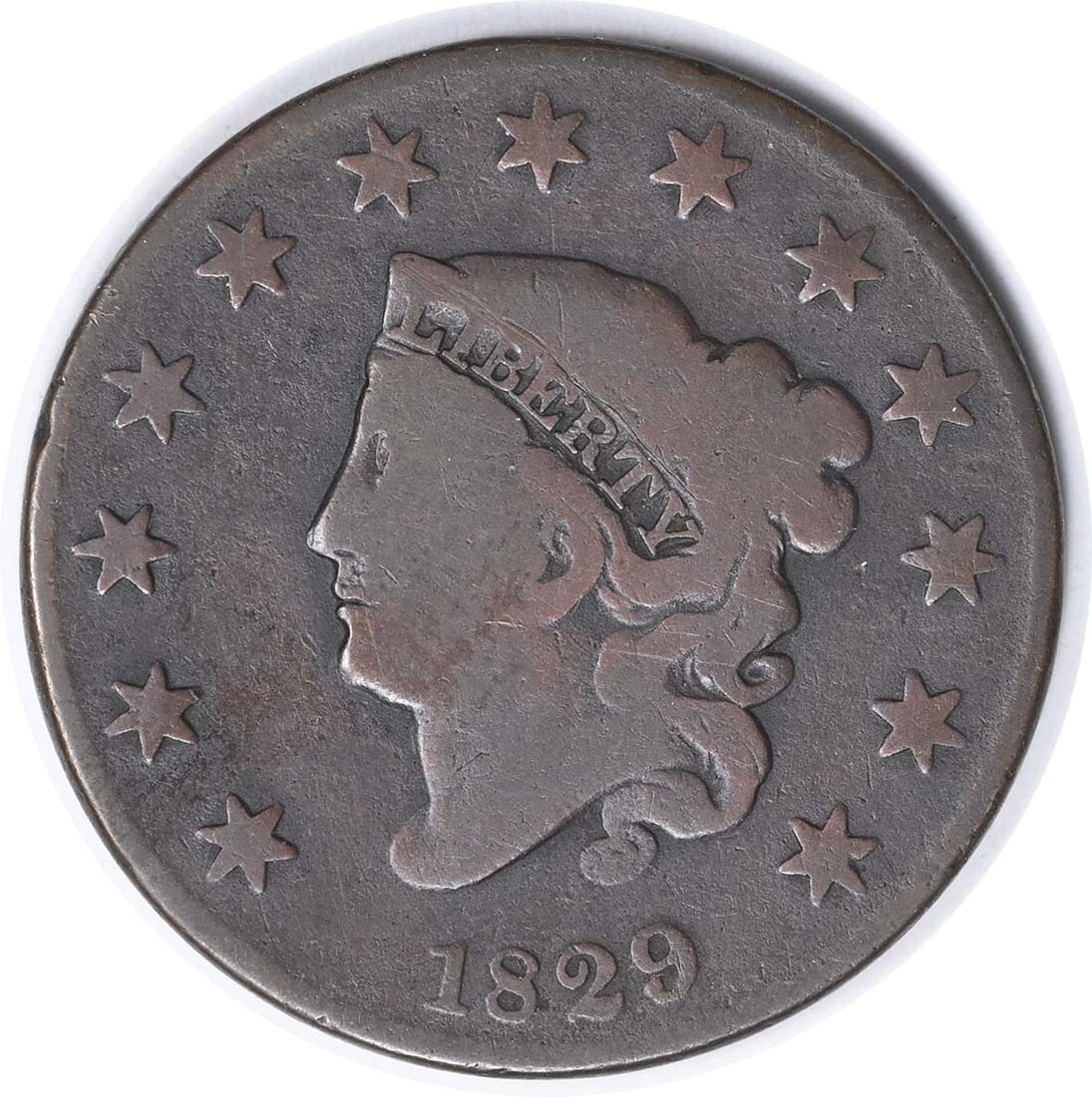 1829 Large Cent Coronet Head Copper Coin Uncertified: 1829 Large Cent Coronet Head Copper Coin Uncertified This 1829 Large Cent features the Coronet Head design, crafted from copper. It is categorized as circulated and holds a grade of G. The coin does n