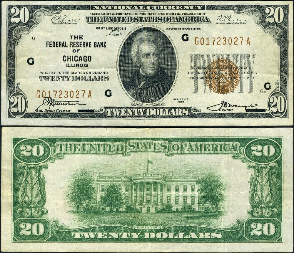 1929 $20 Federal Reserve Note Chicago G-A Block XF: 1929 $20 Federal Reserve Note Chicago G-A Block XF This is a $20 Federal Reserve Bank Note from Chicago, issued in 1929. The note features a Brown Seal and is categorized as Extra Fine (XF) condition,