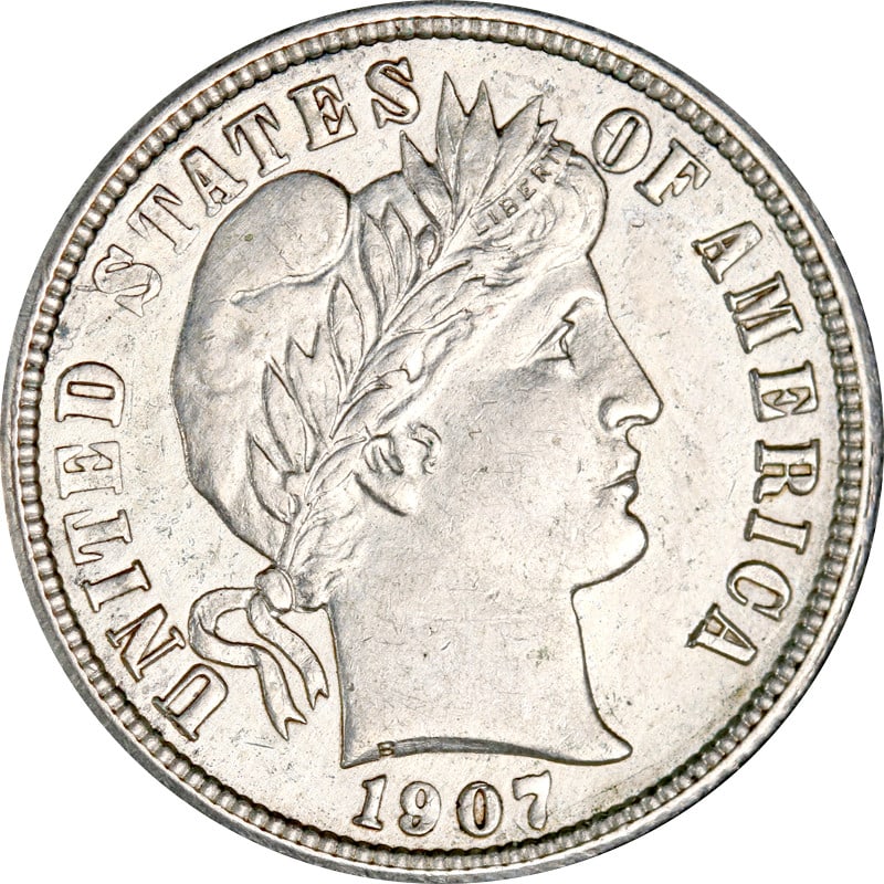 1907 Philadelphia Mint Barber Dime Silver Circulated Cleaned Example: 1907 Philadelphia Mint Barber Dime Silver Circulated Cleaned Example This is a 1907-P Barber Dime composed of silver with a fineness of 0.9. The coin is circulated and has been cleaned. It is an un-ce