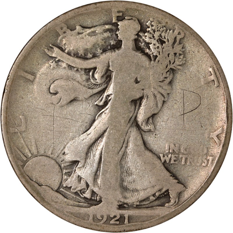 1921 San Francisco Walking Liberty Half Dollar Silver Coin with Scratches: 1921 San Francisco Walking Liberty Half Dollar Silver Coin with Scratches This is a 1921-S Walking Liberty Half Dollar from the San Francisco Mint. The coin is composed of 90% silver and is in circula