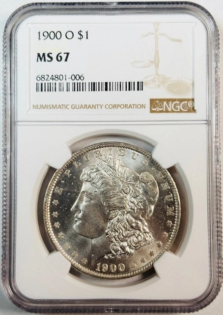 NGC MS67 1900 New Orleans Morgan Silver Dollar: NGC MS67 1900 New Orleans Morgan Silver Dollar This 1900 O Morgan Silver Dollar is certified by NGC with a grade of MS 67, indicating an uncirculated coin in exceptional condition. Minted in New Orlea