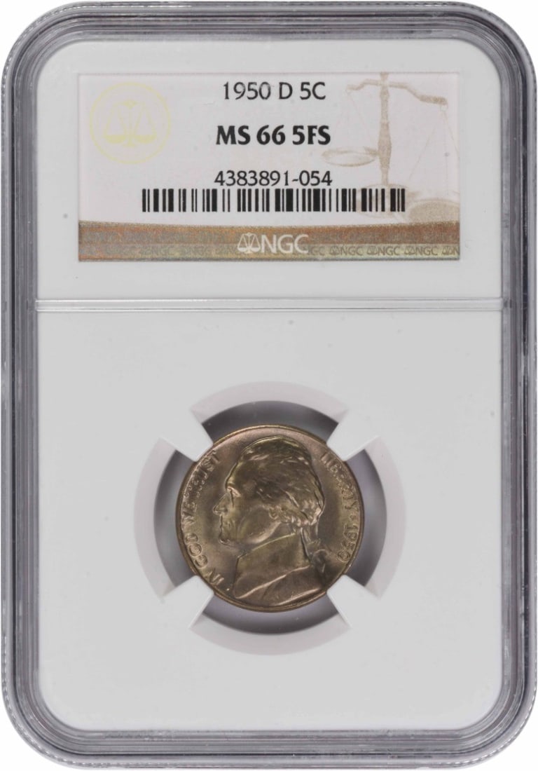 NGC MS66 Five Full Steps 1950 Denver Jefferson Nickel: NGC MS66 Five Full Steps 1950 Denver Jefferson Nickel This is a 1950-D Jefferson Nickel graded MS66 5FS by NGC. The coin features the iconic design by Felix Schlag and was minted in Denver. It is comp