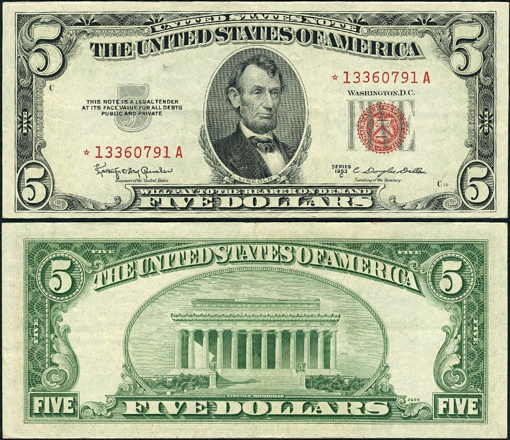 1953-C $5 Legal Tender Star Note FR. 1535* A Block XF: 1953-C $5 Legal Tender Star Note FR. 1535* A Block XF This $5 1953-C Legal Tender Star note, designated as FR. 1535*, is a circulated piece in Extra Fine (XF) condition. It features excellent paper qu