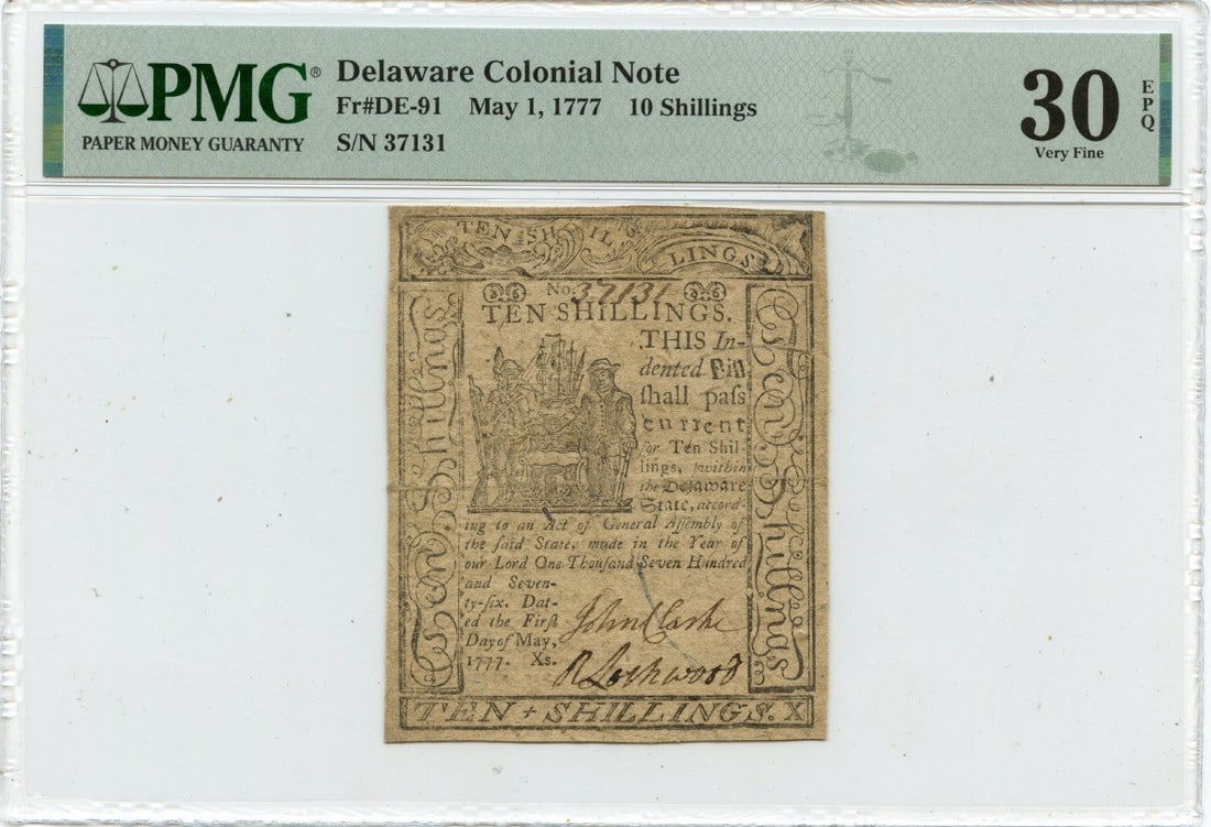 1777 Delaware 10 Shillings Colonial Note PMG VF30 Certified: 1777 Delaware 10 Shillings Colonial Note PMG VF30 Certified This 1777 May 1 10 Shillings Delaware Colonial Note is a remarkable piece of history, certified by PMG with a grade of VF30. It features the
