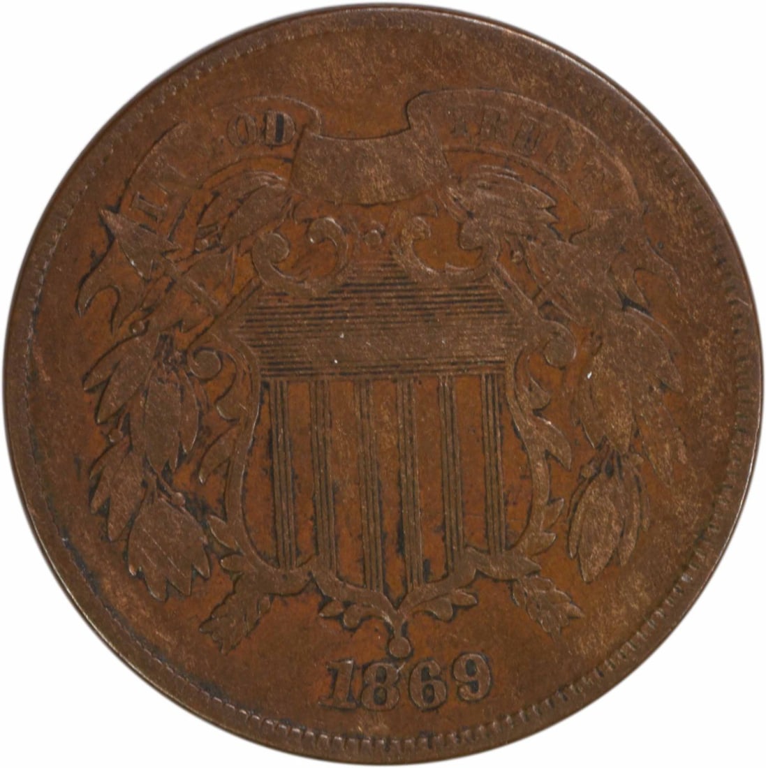 1869 VF Two Cent Piece Bronze Coin James Barton Longacre: 1869 VF Two Cent Piece Bronze Coin James Barton Longacre This 1869 Two Cent Piece is a remarkable collectible coin in Very Fine (VF) condition, featuring a rich bronze composition. Struck at the Phila