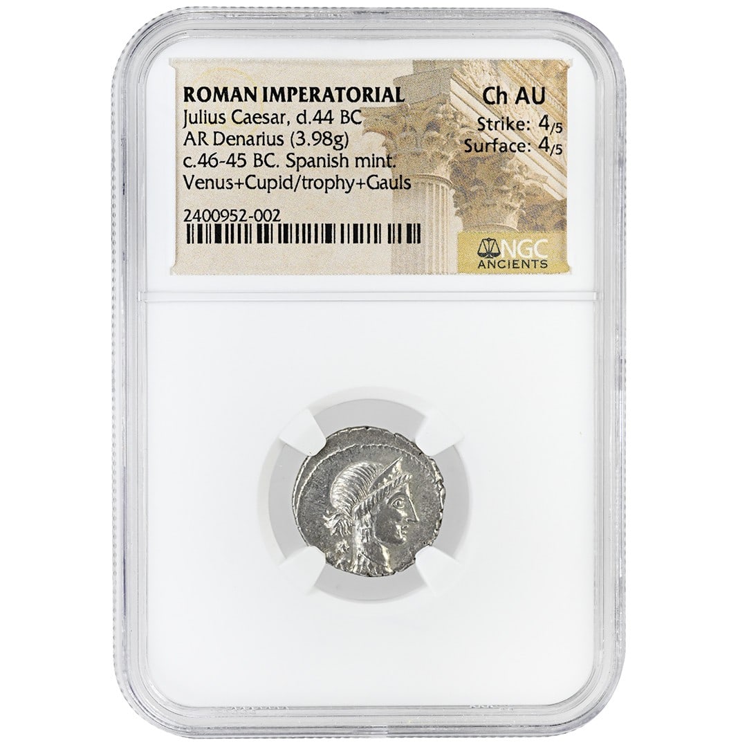 Roman Silver Denarius Julius Caesar 46-45 BC NGC Ch AU Spanish Mint: Roman Silver Denarius Julius Caesar 46-45 BC NGC Ch AU Spanish Mint This rare Roman Empire AR Denarius dates from 46-45 BC and was struck at the Spanish mint during the rule of Julius Caesar. The coin